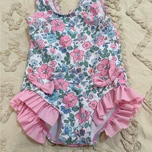 Floral Kids One Piece Swimsuit with Pink and Blue Accents